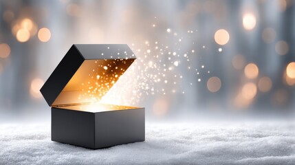 Enchanting gift box with radiant light on snowy background for magical holiday celebration