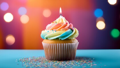 vibrant birthday cupcake displayed on a surface against a bright background
