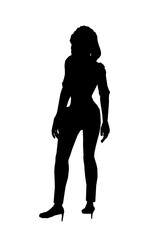 Fototapeta premium A professional woman in a suit carries a bag in a black and white silhouette against a clean white background.