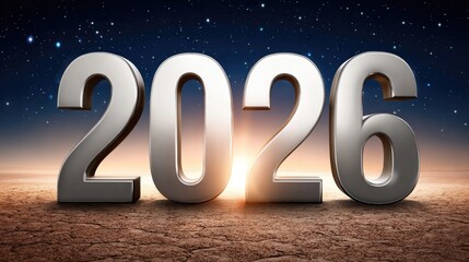Futuristic vision of 2026 with holographic numerals projected over mars landscape at nighttime for sci-fi theme design