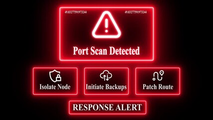 Port Scan Detected response notification on digital interface in data center server room with isolate node initiate backup patch route options. glowing neon lights cybersecurity hacking warning.   - Powered by Adobe