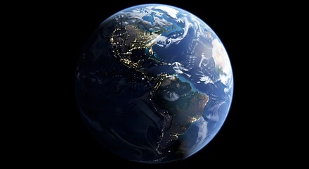 High-resolution 3D render of Planet Earth focusing on the Americas continent, showing city lights at night and the day-night terminator line