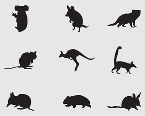 different type of marsupials animal vector silhouette collection isolated on background.marsupials include kangoroo,wombat ,tasmania,bandicoot and others