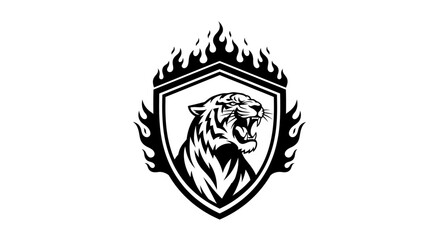 Obraz premium A fierce tiger's head emerges from a shield emblem surrounded by flames, rendered in a striking black and white graphic style.