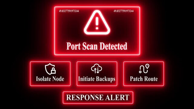 Port Scan Detected response notification on digital interface in data center server room with isolate node initiate backup patch route options. glowing neon lights cybersecurity hacking warning.   - Powered by Adobe