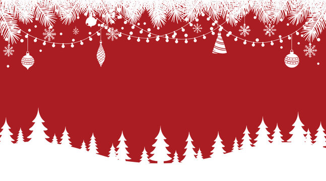 A festive christmas background featuring a red backdrop adorned with white silhouettes of christmas trees, snowflakes, ornaments, and string lights, creating a cheerful holiday scene - Powered by Adobe