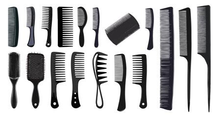 Set of various black hair combs and brushes isolated on white background. Hair styling tools for salon, barber, or beauty care concept. Professional grooming accessories collection