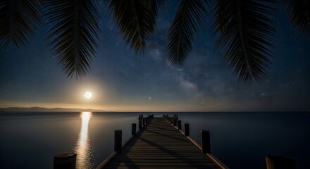 Serene tropical night landscape with a Wooden pier stretching towards the Ocean under a bright Full moon and the starry Milky Way