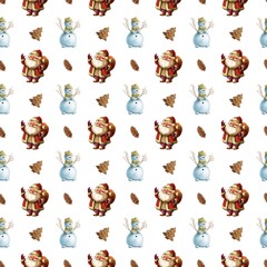 Festive holiday pattern featuring Santa Claus, snowmen, pine cones, and Christmas trees on a white background