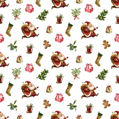 Cheerful holiday pattern featuring Santa, gifts, and festive decorations for winter celebrations