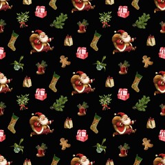 Festive design featuring Santa, gifts, and holiday decorations on a black background during the Christmas season