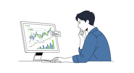 Illustration of a focused professional analyzing financial data on a computer screen, thoughtfully strategizing investments.