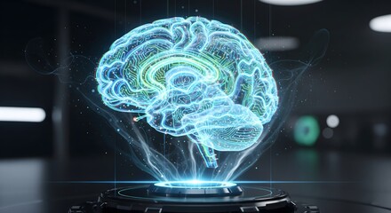 Illuminated digital holographic human brain with complex circuitry and glowing data lines, symbolizing artificial intelligence, deep learning, and futuristic technology