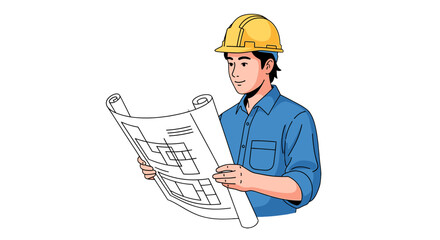 An architect with a safety helmet is meticulously studying a blueprint, ensuring accuracy in the construction project ahead.