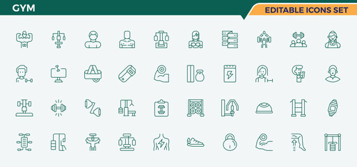Gym icon set. Contain linear sign health, fitness, exercise, athletic, healthy, equipment and more. Bodybuilding icon pack. Minimalist icons collection. Editable stroke. Pixel Perfect.