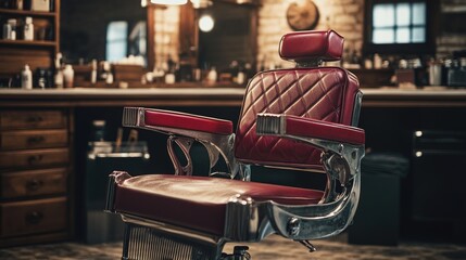 razor. A vintage barbershop chair reflects in a warm and elegant interior with classic grooming ambiance. lifestyle magazines.