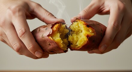 Hands cutting a baked sweet potato in half