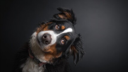 bernese. Portrait of a playful Bernese mountain dog against a simple colored backdrop with directional lighting. wildlife magazines, conservation campaigns, designed for eco-tourism storytelling.