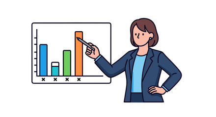 Cartoon woman in a suit, presenting a bar graph with a pen, illustrating analysis and growth in an office setting.