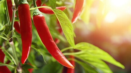 shallow. Close-up view of red chili peppers among green leaves in natural light. gardening catalogs, home-decor guides, designed for gardening and botanical catalogs, used by photographers.