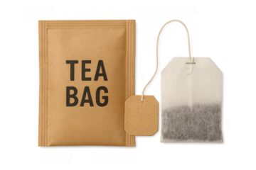 Tea bag packaging sachet with tea bag and tag isolated on transparent background, herbal drink infusion