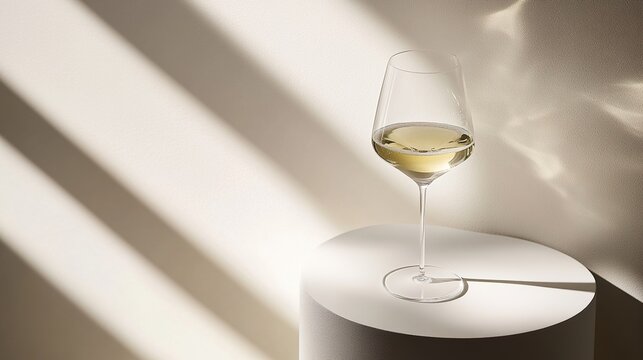 stemware. Elegant white wine glass placed simply on a clean table, capturing refined sophistication. bar promotions, beverage menus, designed for food & beverage menus and cafe branding.