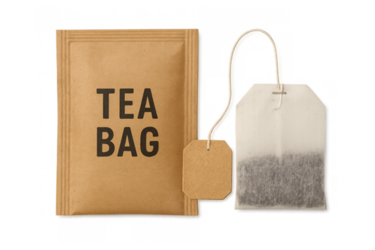 Tea bag packaging sachet with tea bag and tag isolated on transparent background, herbal drink infusion