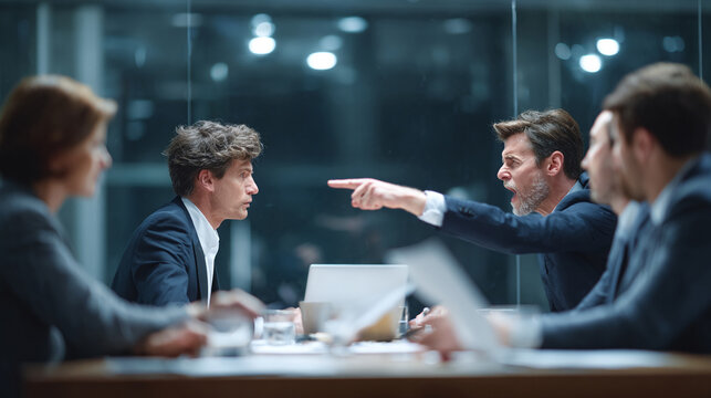 Intense boardroom drama unfolds as an enraged executive aggressively confronts a colleague. Conflict, leadership, and accountability concepts vividly portrayed.