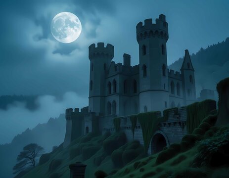 Gothic haunted castle stands on a misty hill under moonlight, surrounded by eerie fog and shadows - Powered by Adobe