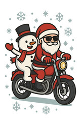 A snowman riding a motorbike with Santa Claus looks cool amid snowflakes