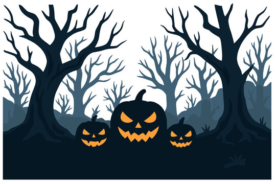 A bleak forest with ominous trees and terrifying pumpkins on Halloween night