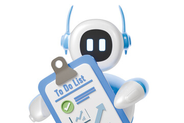 3d ai robot with to-do list clipboard icon. productivity concept. Minimal cartoon checklist planner task for app banner web hero. isolated on white background. 3d render.