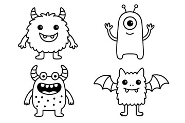 Obraz premium A collection of adorable doodle-style monsters for kids, presented as linear illustrations in a children's coloring book, featuring a standalone mascot in vector form