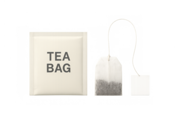 Tea bag packaging and individual tea bag with blank label, ready for hot beverage, transparent background