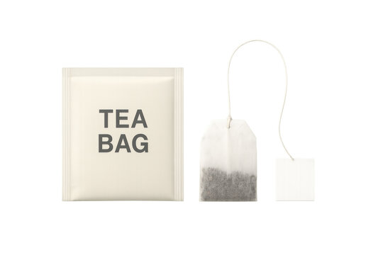 Tea bag packaging and individual tea bag with blank label, ready for hot beverage, transparent background
