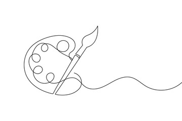Artist paint palette with brush continuous one line drawing simple outline minimalist vector design
