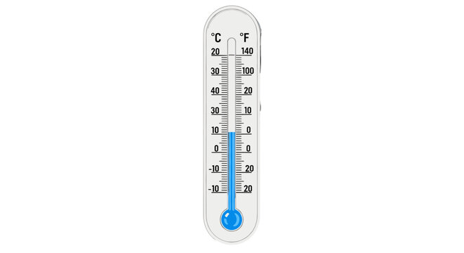 A digital thermometer displays the temperature in both Celsius and Fahrenheit, set against a plain transparent background. 