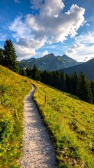 Obraz premium Scenic path winds up a grassy hill towards mountains, under a sky with clouds