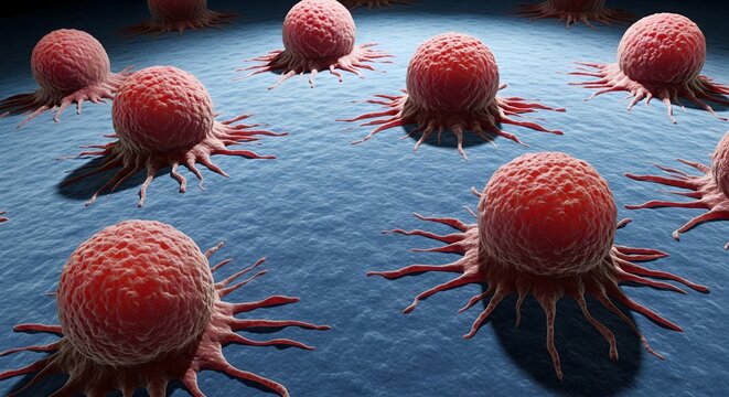 Macro 3D visualization of aggressive red cancer cells with tentacle-like extensions on a blue, textured biological tissue surface - Powered by Adobe