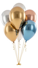Shiny balloons in gold, silver, rose gold, and blue colors, perfect for celebrations and parties, create festive atmosphere