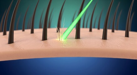 Microscopic 3D rendering of laser light targeting a single hair follicle embedded in the skin layer, illustrating the concept of permanent hair removal, cosmetic technology, and dermatology