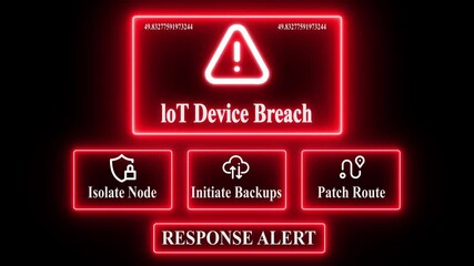 LOT DEVICE BREACH response notification on digital interface in data center server room with isolate node initiate backup patch route options. glowing neon lights cybersecurity hacking warning. - Powered by Adobe