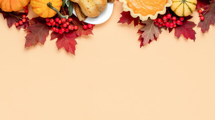 Vibrant Autumn Harvest Feast Flat Lay Featuring Traditional Roasted Turkey, Sweet Pumpkin Pie, and Colorful Fall Decorations