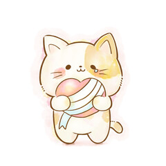 Watercolor illustration of a healing cat holding a heart with gentle smile, emotional recovery, pink background, copy space
