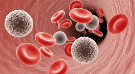 Microscopic bloodstream with red and white blood cells flowing inside a human artery or vessel for medical and science concepts
