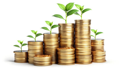 Growing stacks of gold coins with green plants emerging isolated on white background