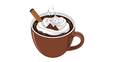 A steaming mug of rich hot cocoa topped with whipped cream, chocolate squares, and a cinnamon stick for extra flavor.