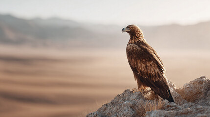 Fototapeta premium Majestic golden eagle perched on a rocky outcrop against a soft, hazy desert backdrop. Represents freedom, power, and vision. Ideal for nature, wildlife, or inspirational themes.