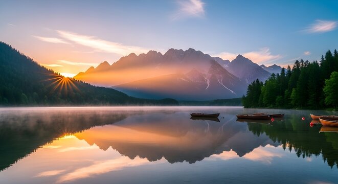Serene alpine lake at sunrise with mountain reflection and mist
