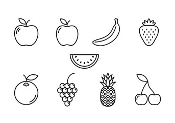Collection of black and white line art fruit icons on white background apple banana